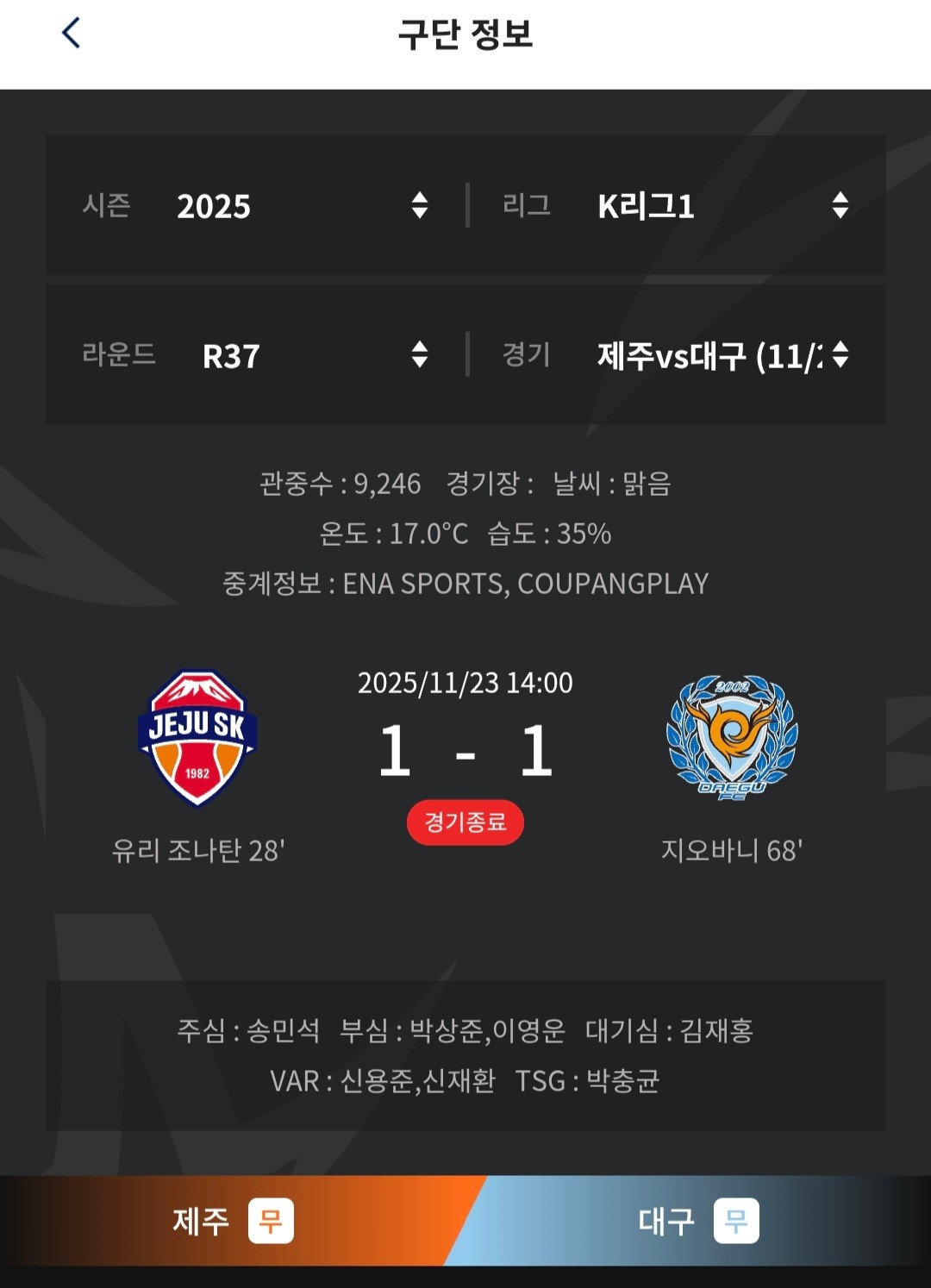 무승부
37라운드에서도 강등 결정 ×